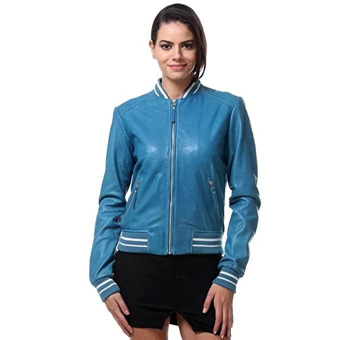 Stylish Womens genuine leather Blue Bomber Jacket