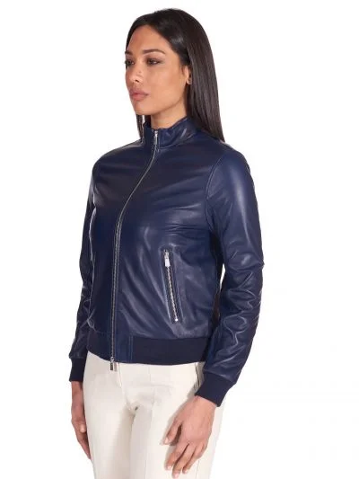 Women Navy Blue Leather Bomber Jacket