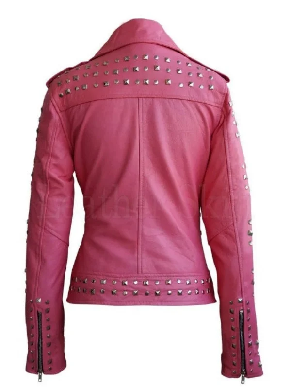 Women Pink Studded Genuine Leather Jacket