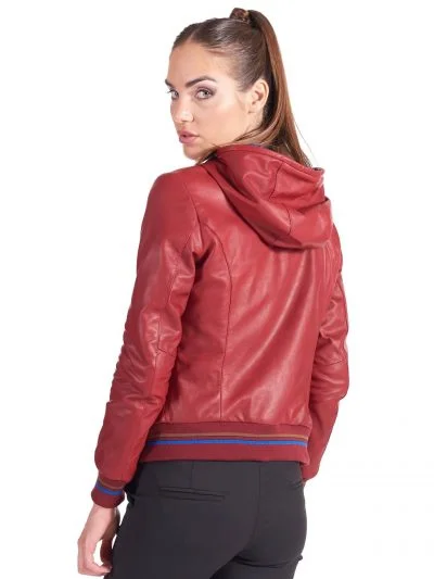 Women’s Red Bomber Hooded Leather Jacket