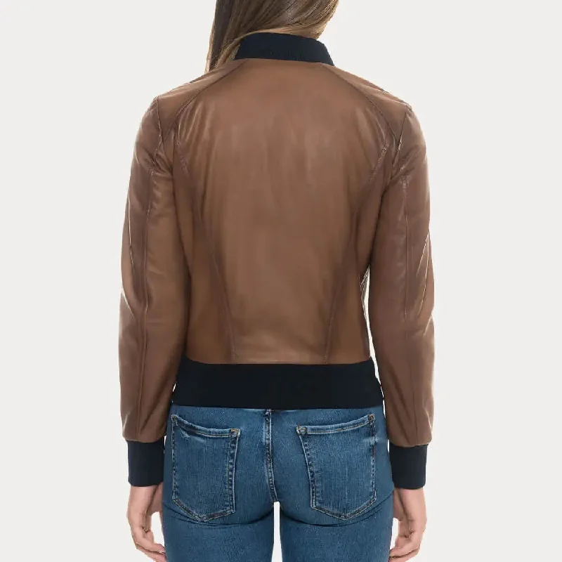 Women Sugar Brown Bomber Leather Jacket