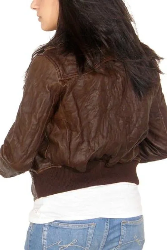 Women's Brown Leather Moto Bomber Jacket