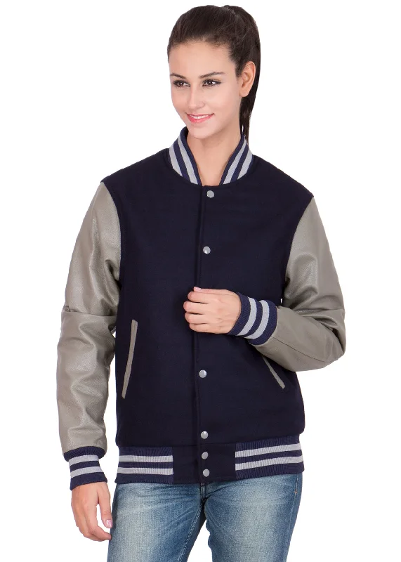 Women's Dark Blue and Grey Varsity Jacket