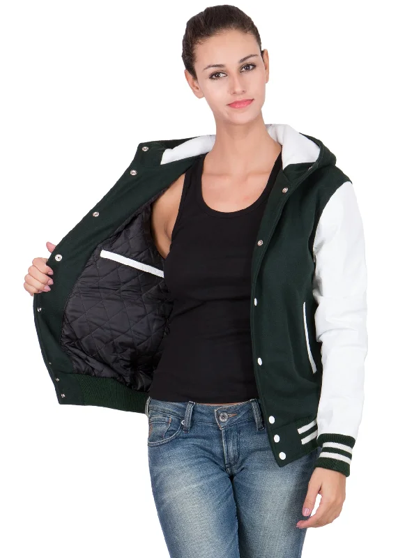 Women's Dark Green and White Varsity Jacket