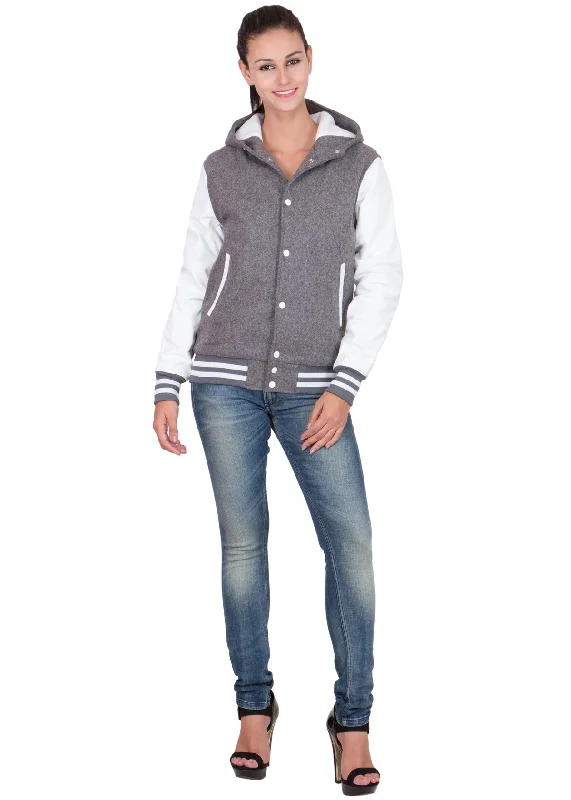 Women's Grey and White Hooded Varsity Jacket