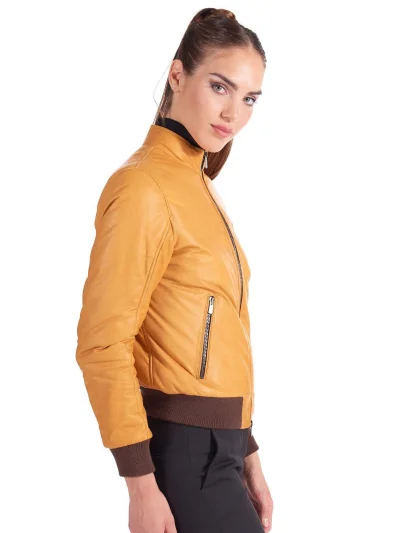 Womens Stylish Yellow Genuine Leather Bomber Jacket