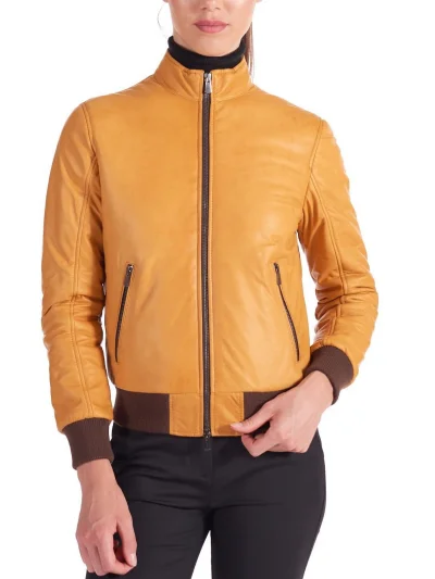 Womens Stylish Yellow Genuine Leather Bomber Jacket