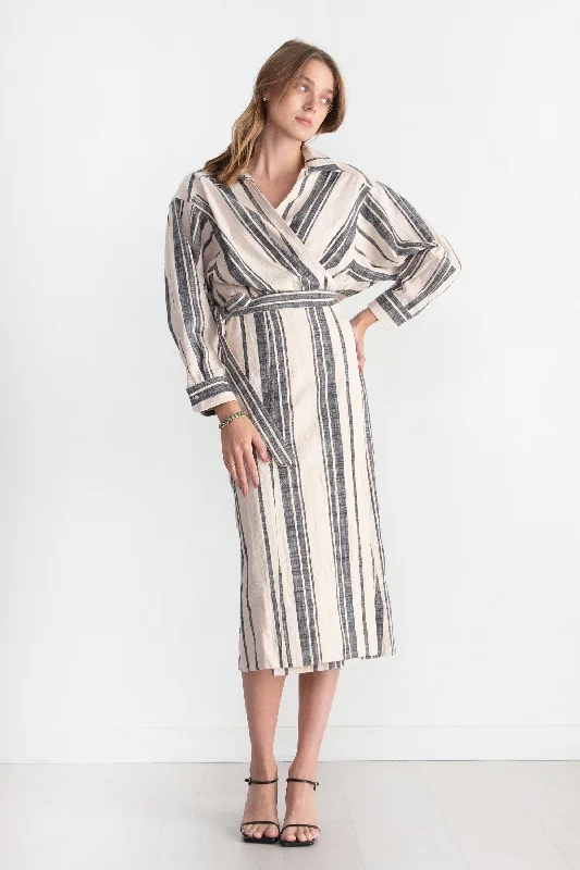 Gabriella Tie Dress, Cream Bold Stripe