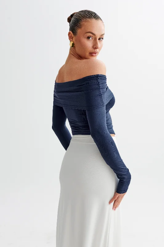 Prue Ruched Off Shoulder Long Sleeve Top - Navy