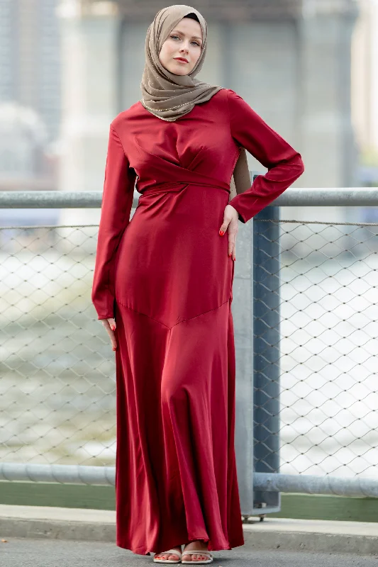 Red Criss Cross Satin Long Sleeve Maxi Dress