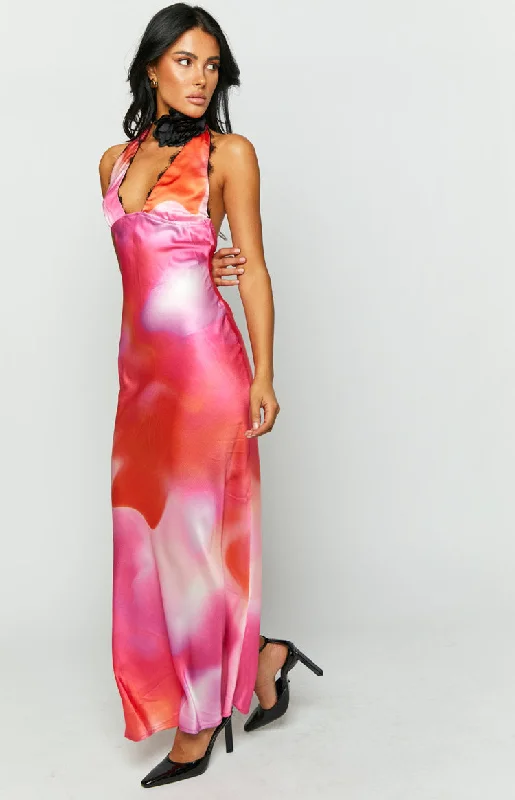 Valletta Pink Print Halter Neck Maxi Dress