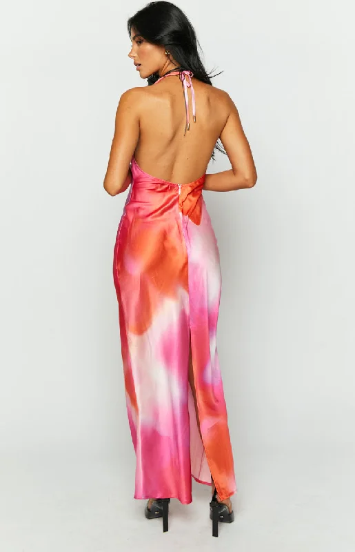 Valletta Pink Print Halter Neck Maxi Dress