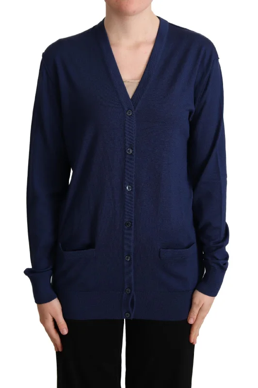 Elegant Virgin Wool Blue Cardigan