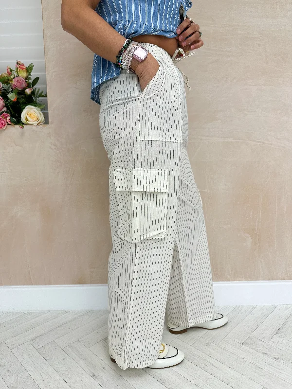 Relaxed Fit Cargo Trousers In Cream/Grey Stripe