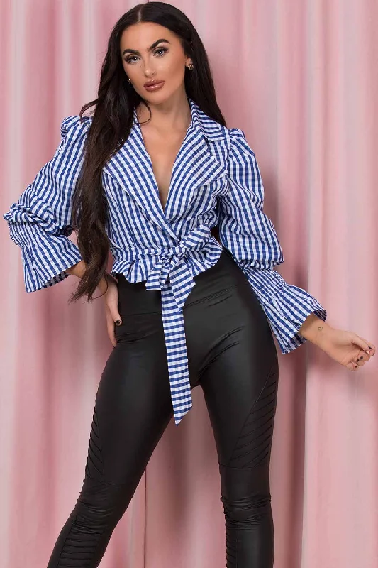 Blue Gingham Wrap Top With Long Sleeves