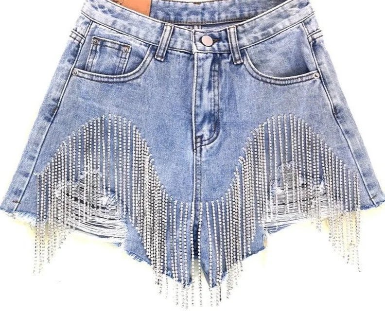 Diamond Tassels Ripped Jean Shorts