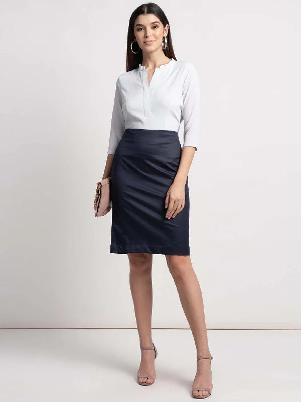 Poly Cotton Straight Skirt - Navy Blue