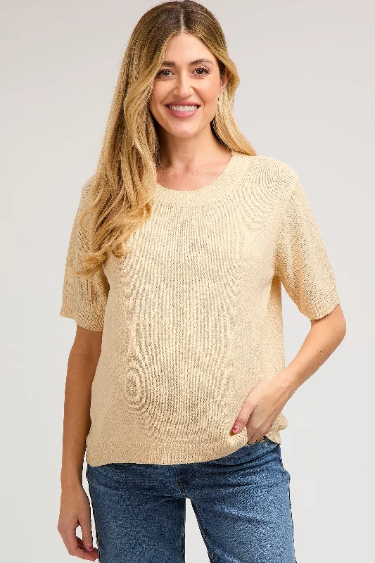 Beige Knit Short Sleeve Maternity Top